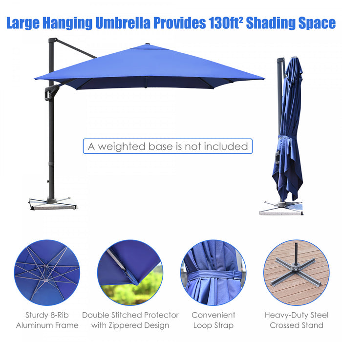 Costway Parasol cantilever 10'x13' pour terrasse, aluminium, rotation 360°, inclinable, bleu marine