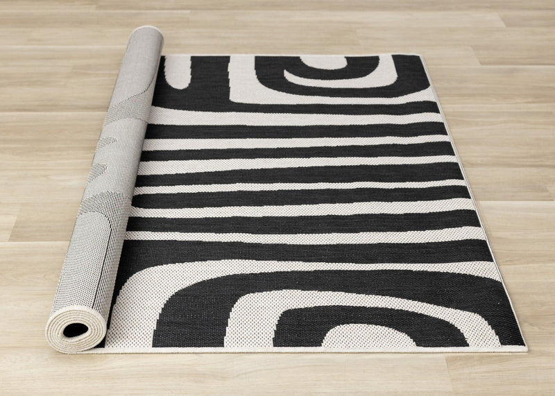 Tapis d'exterieur Jackson a lignes abstraites noires et blanches, 7'10\" x 10'6\"