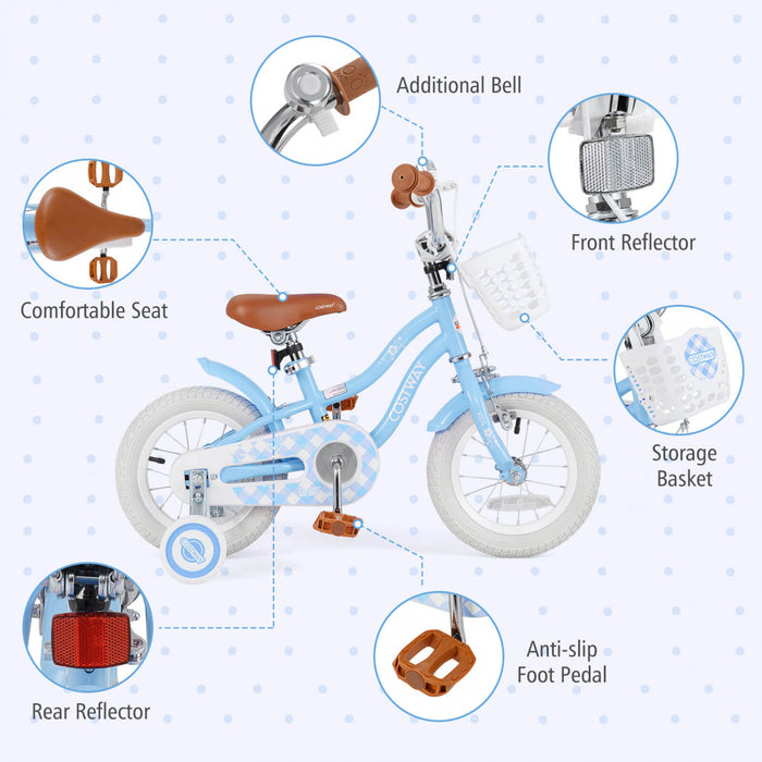 Bicycle Costway 12\" Pour Enfants De 3 A 4 Ans Bicycle Avec Frein A Main Avant Bleu
