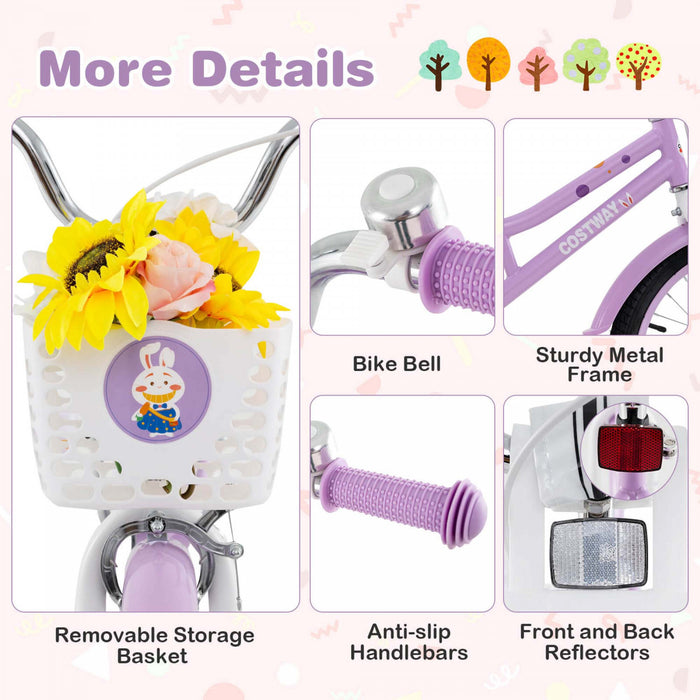 Costway 18\" Velo Fille Avec Panier Roues D'entrainement Amovibles Frein A Main De Siege Reglable Frein De Montagne Violet