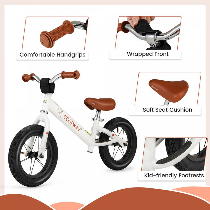 Bicycle D'equilibre Costway 12 Pouces Sans Pedale Bicycle D'entrainement Avec Pneus En Caoutchouc Gonflables Blancs