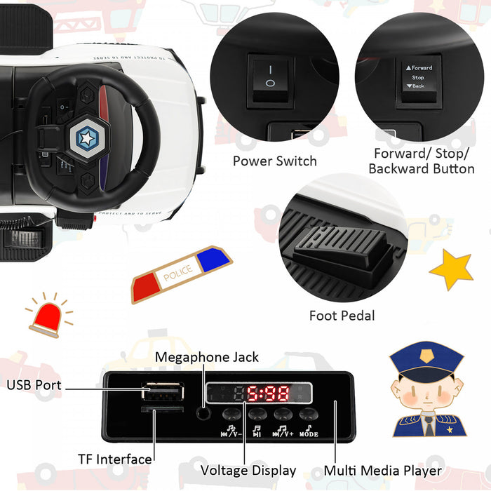 Costway 2-en-1 6v Enfants Rouler Sur La Voiture De Police Enfant Pousser Voiture W / Megaphone & Sirene Blanche