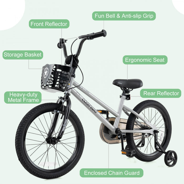 Costway 16\" Velo Pour Enfants Avec Roues D'entrainement Guidon Reglable Et Frein A Main De Siege Argent