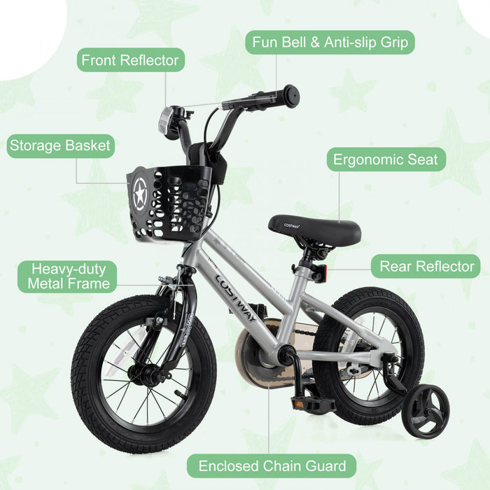 Costway 12\" Velo Pour Enfants Avec Roues D'entrainement Guidon Reglable Et Frein A Main De Siege Argent