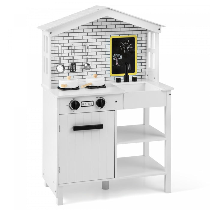 Ensemble De Cuisine De Jeu, Jouet De Cuisine En Bois Avec Tableau Noir Supplementaire, Belles Fenetres, Etageres De Rangement Et Crochets, 5 Pieds En Bois Massif, Ensemble De Cuisine Fictive Pour Les Tout-petits De 3 Ans Et Plus, Blanc