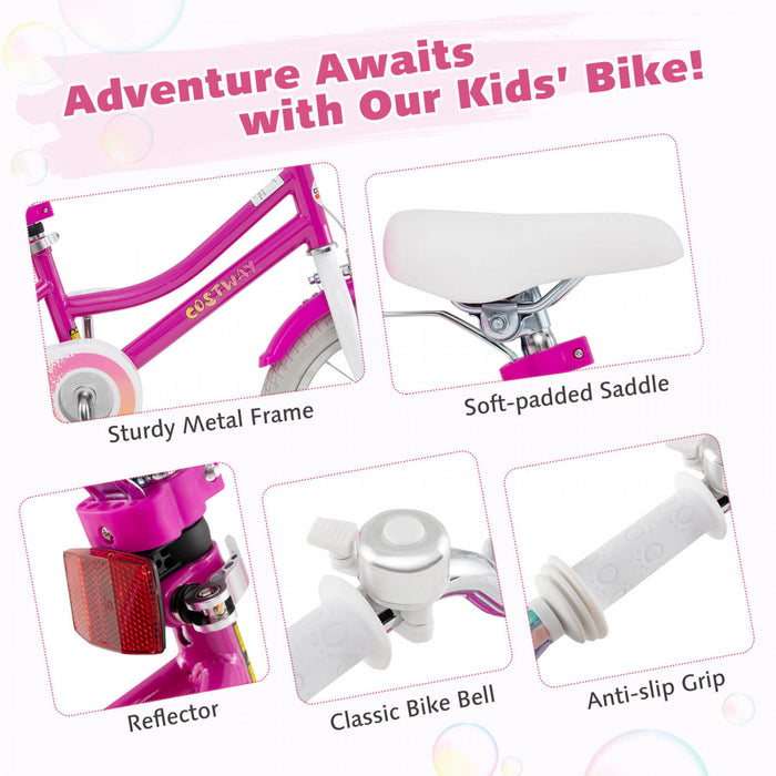 Costway 14\" Velo Pour Enfants Avec Roues D'entrainement Poupee Siege Panier Streamers Frein A Main Rose