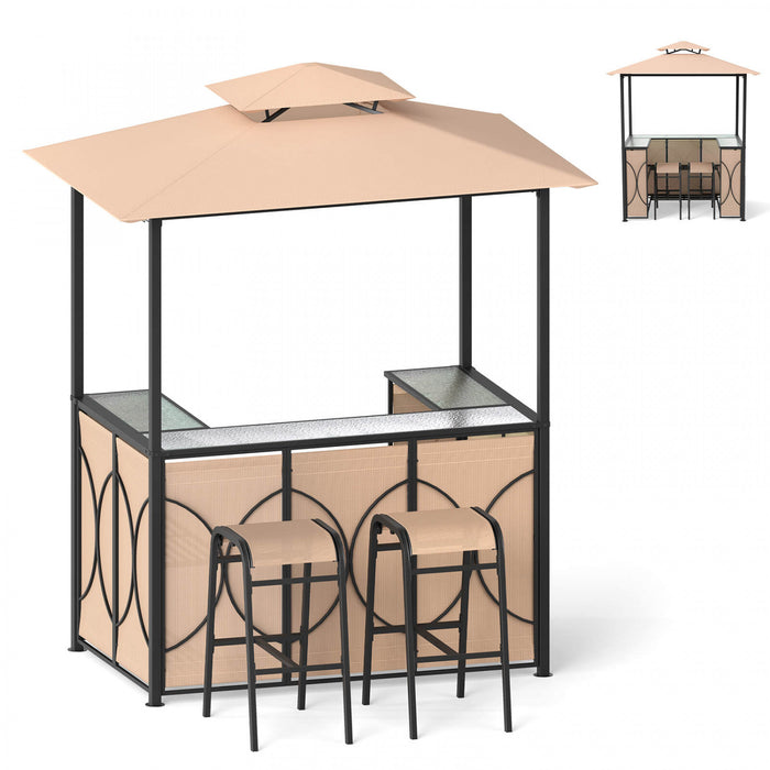 Costway 6.5 X 4 X 8 Ft Grill Gazebo Ensemble Avec 2 Tabourets De Bar, Table De Bar En Verre Trempe Brun