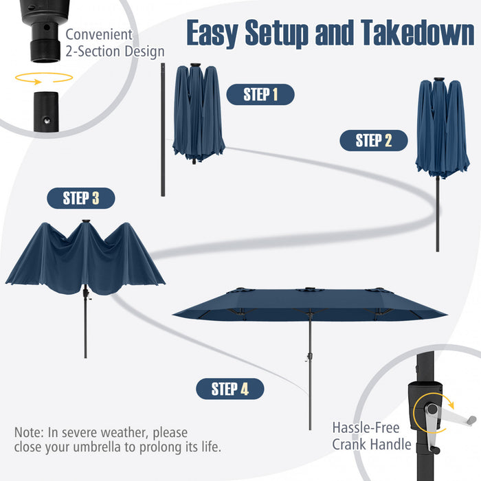 Costway Parasol de patio extra-large de 15,5 pieds avec lumieres solaires LED et 12 baleines robustes bleu marine