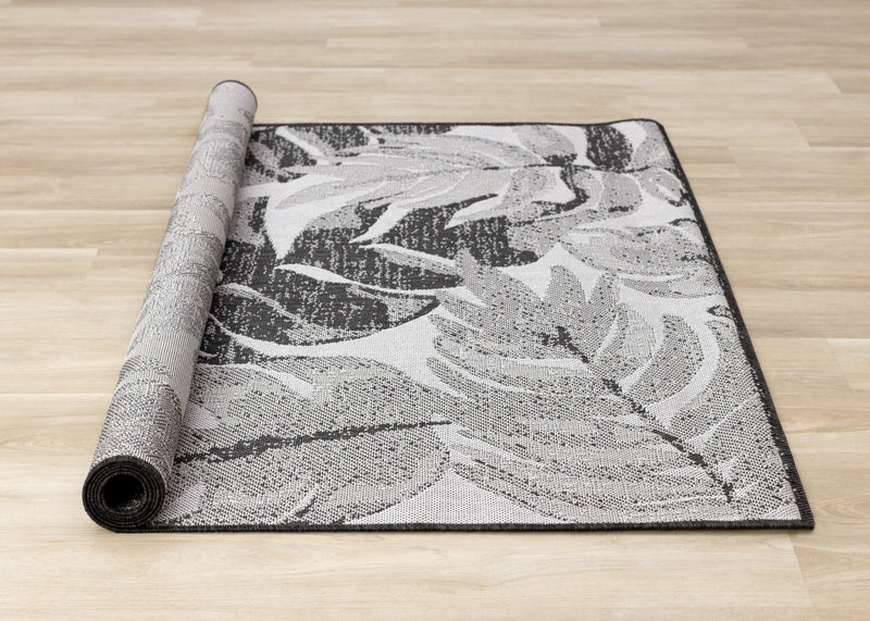 Tapis Jackson a feuilles botaniques gris et blanc, 5'3\" x 7'7\"