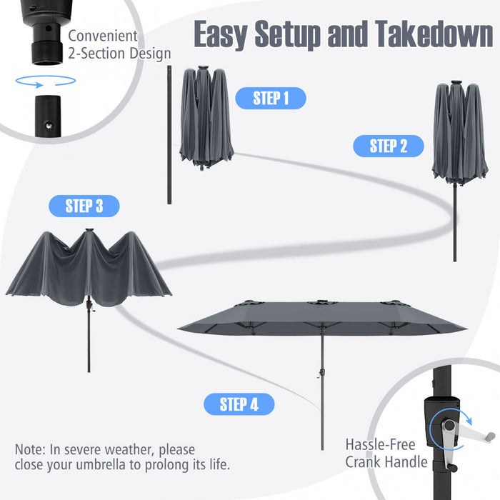 Costway Parasol de patio extra-large de 15,5 pieds avec lumieres solaires LED et 12 baleines robustes gris