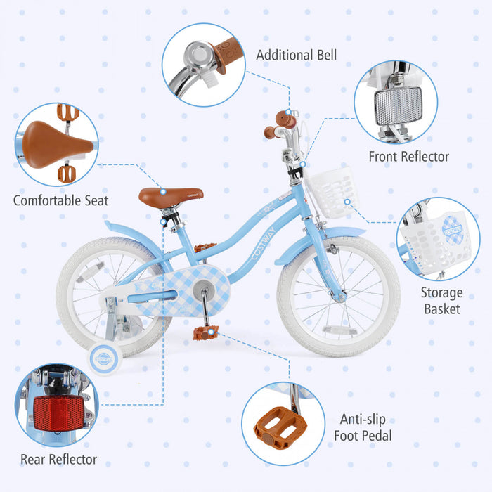 Costway 16\" Enfants Velo Tout-petit Velo Reglable Avec Roue D'entrainement Pour 4-7 Ans Fille Bleue