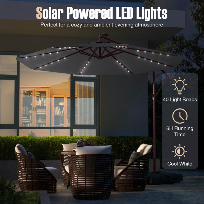 Parasol deporte suspendu Costway 10 pieds avec 32 LED, sac de sable, base croisee exterieure gris fonce