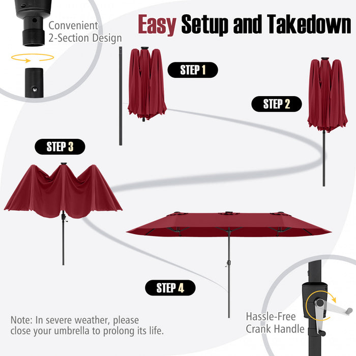 Costway Parasol de patio extra-large de 15,5 pieds avec lumieres solaires LED et 12 baleines robustes rouge