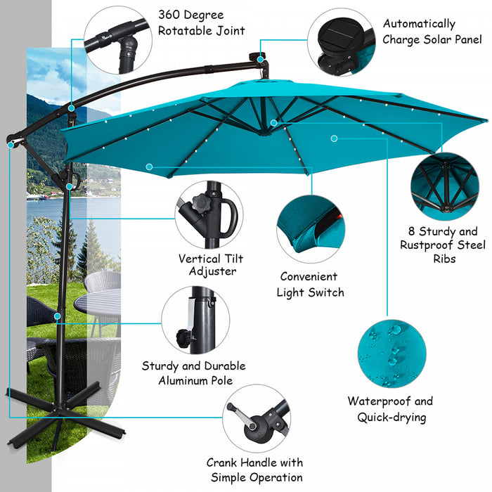 Costway Parasol deporte de patio de 10 pieds, alimente par energie solaire, LED, rotation a 360 degres, aluminium, turquoise