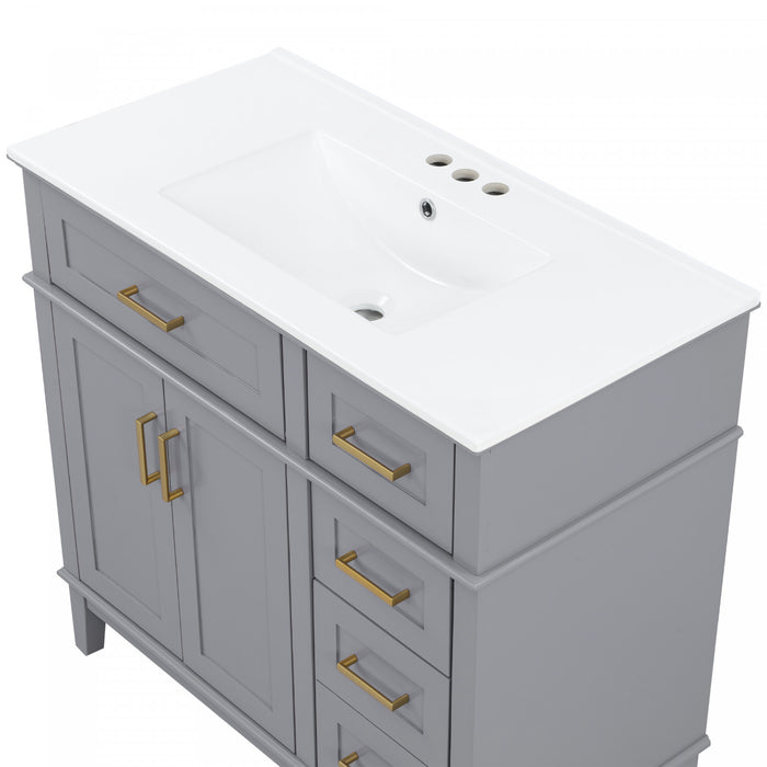 Ethan Meuble-lavabo de salle de bain en bois massif avec lavabo en ceramique et rangement intelligent, gris