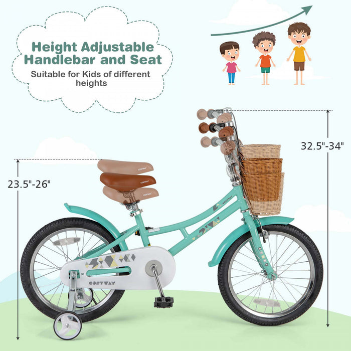 Costway 18\" Velo Pour Enfants Avec Guidon Reglable En Hauteur Siege Panier Cloche Roues D'entrainement Vert