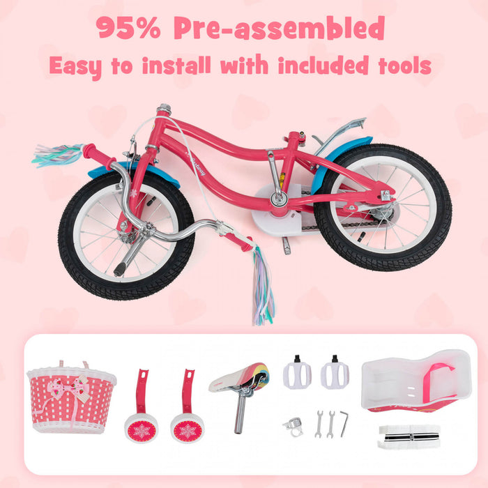 Costway 16\" Velo Pour Enfants Avec Siege De Poupee Panier Et Streamers Colores 2 Roues D'entrainement Rose