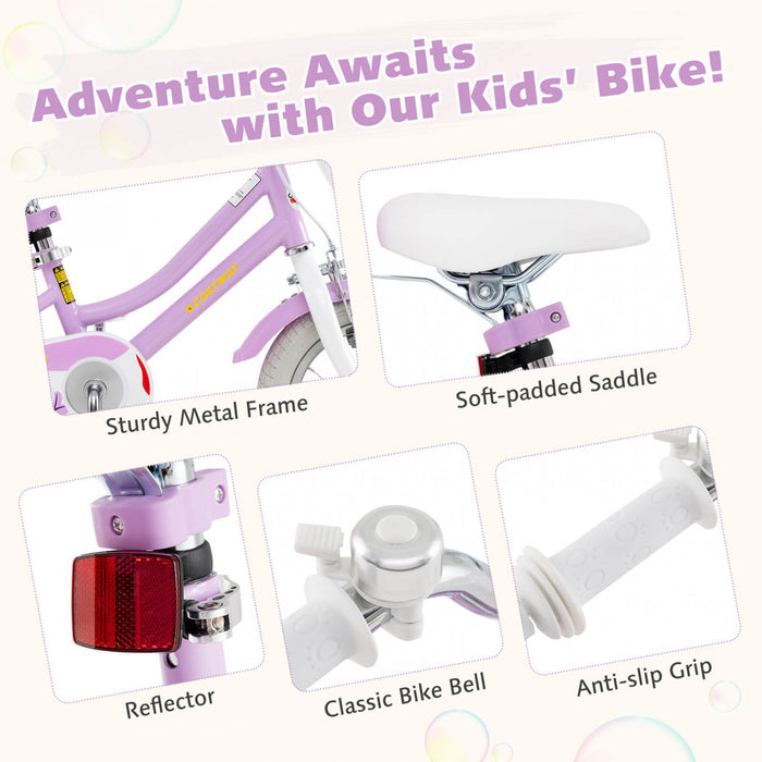 Costway 14 Pouces Enfants Velo Avec Roues D'entrainement Poupee Siege Panier Streamers Frein A Main Violet