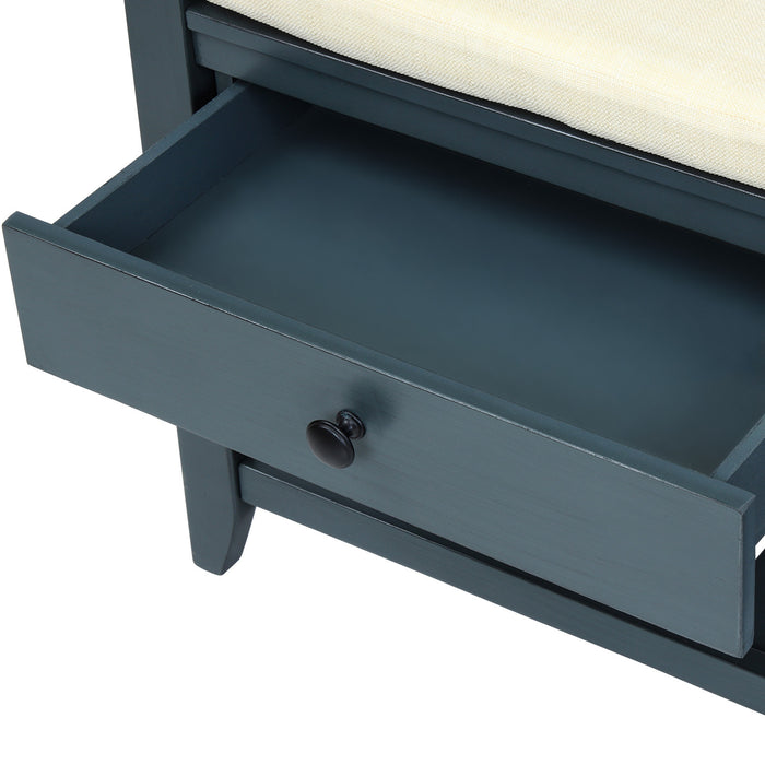 Banc A Chaussures Stephanie En Pin Avec Siege Rembourre Et Tiroirs De Rangement, Bleu Marine Antique