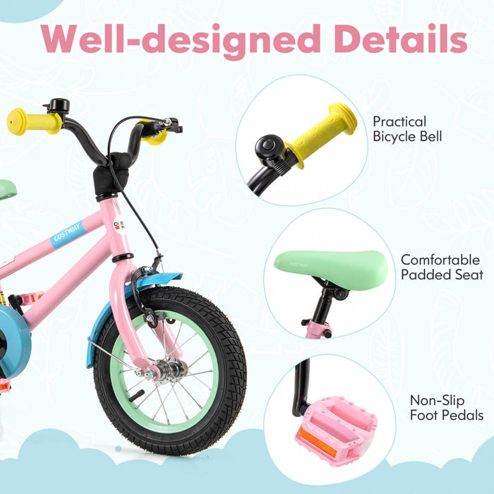 Costway 12\" Velo Pour Enfants Avec Guidon Reglable De Selle Roues D'entrainement Amovibles Frein A Main Rose