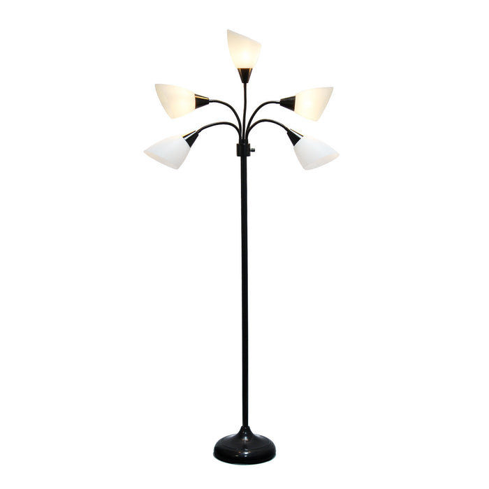 Skye Lampadaire a 5 lumieres avec cols de cygne reglables, Noir et Blanc, 67 po H