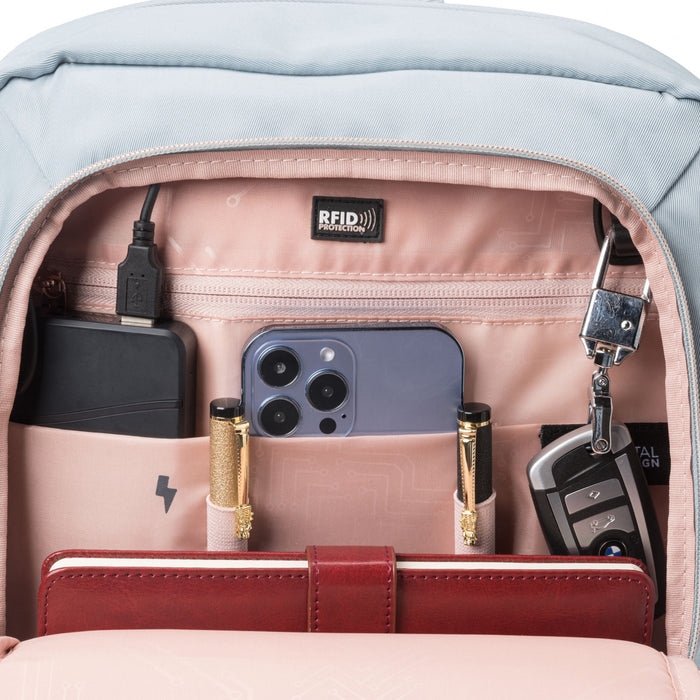 Sac a dos intelligent Swissdigital Design SSD Finder - Modele KATY ROSE avec port de chargement integre - Bleu sarcelle