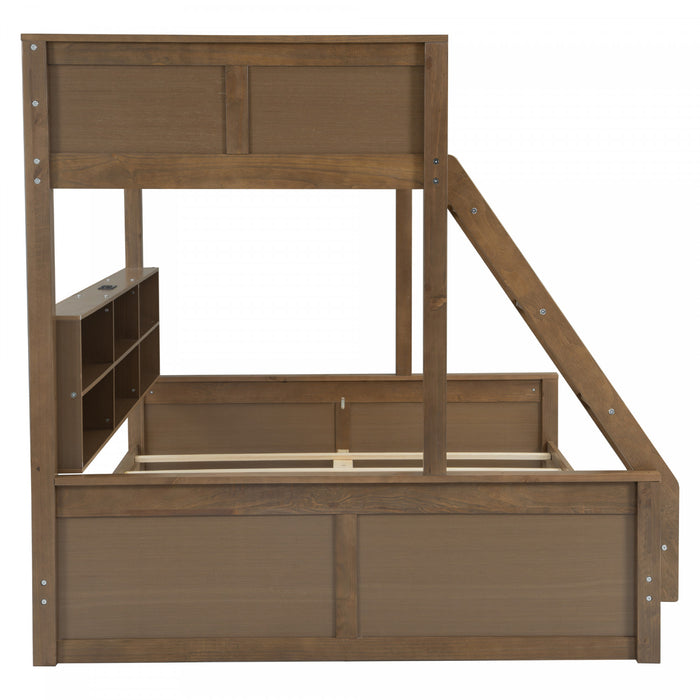 Lit superpose Liam en bois massif Twin XL sur Queen avec rangement et ports USB, brun