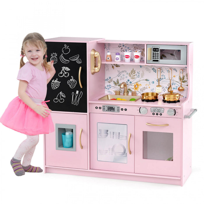 Costway Kid's Pretend Play Kitchen Toddler Kitchen Playset Avec Blackboard Rose Clair