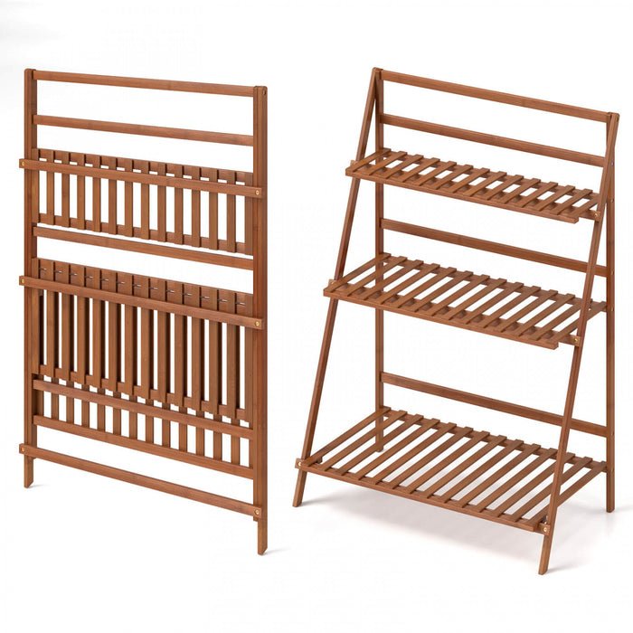 Costway Etagere Pliante A 3 Niveaux Presentoir Pour Pots De Fleurs En Bambou Range-livres / Organisateur
