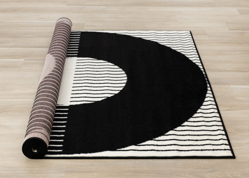 Florence rayures noires et blanches et cercles creux, design moderne, 4'7\" x 6'7\"