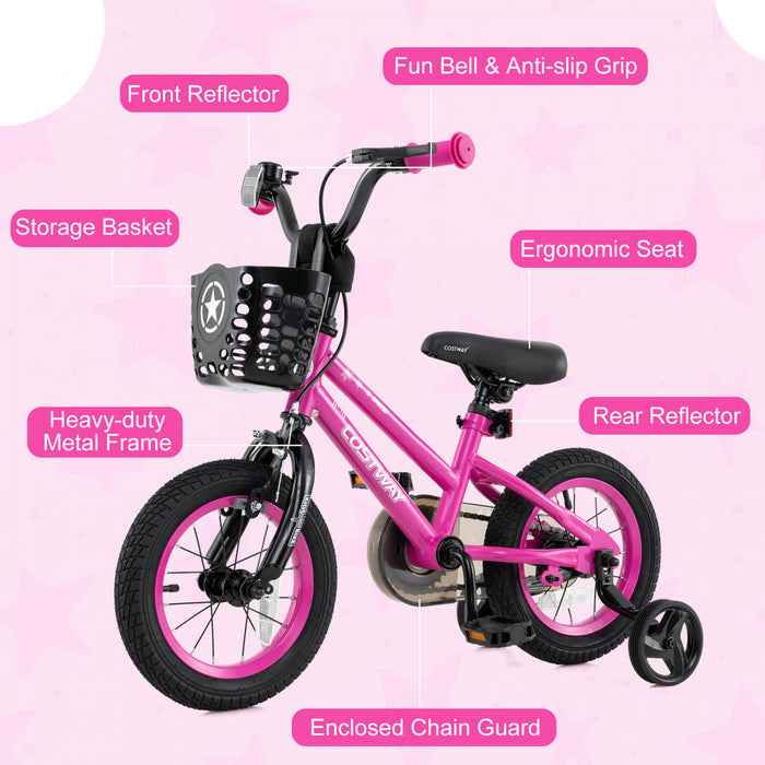 Costway 12\" Velo Pour Enfants Avec Roues D'entrainement Guidon Reglable Et Frein A Main De Siege Rose