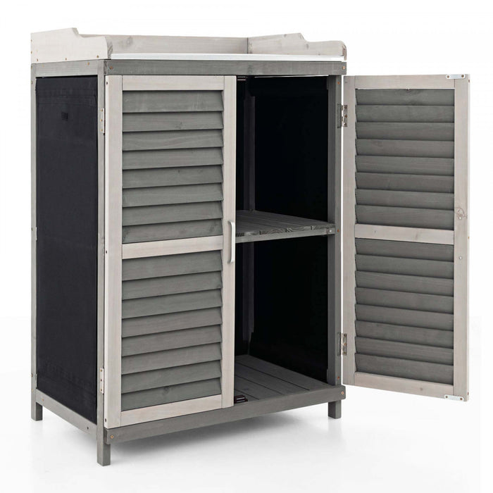 Etabli D’exterieur Avec Dessus Spacieux Galvanise Et Etagere A 2 Niveaux, Abri De Jardin Avec Porte Laterale Enroulable Et Pieds Sureleves, Pour Stocker Pelles, Arrosoirs Et Ciseaux, Gris