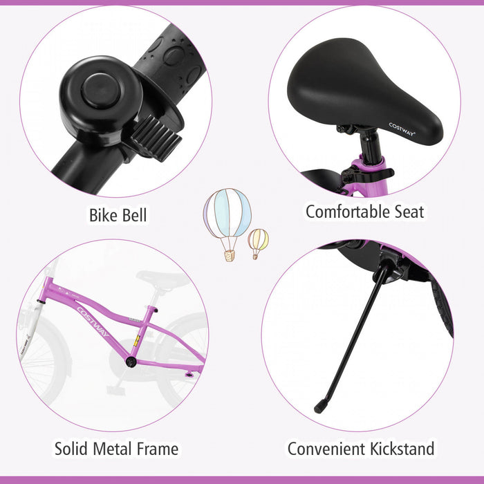 Costway 18\" Velo Pour Enfants Pour Garcons Et Filles De 4 A 8 Ans Avec Reflecteurs De Frein A Main Reglables Violet