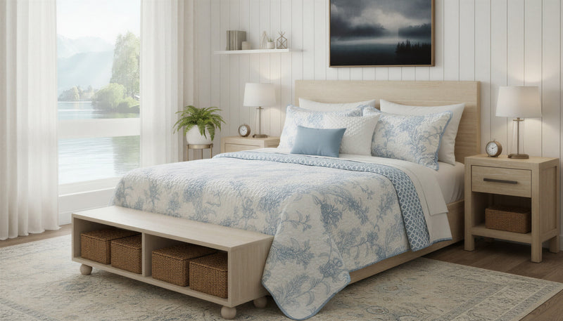 Ensemble de Courtepointe Reversible 3 Pieces pour Tres Grand Lit, Literie Florale Bleue et Blanche en Microfibre
