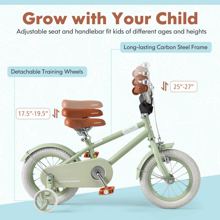 Costway 12\" Velo Pour Enfants Avec Guidon De Selle Reglable Roues D'entrainement Amovibles Frein A Main Vert