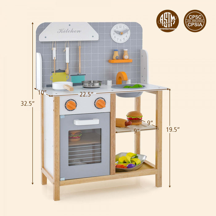 Cuisine Pour Enfants En Bois Avec Etageres De Rangement, Accessoires De Cuisine, Horloge Mignonne Et Son Realiste, Jeu De Cuisine D'imitation Pour Tout-petits, Cadeau Pour 3+ Ans