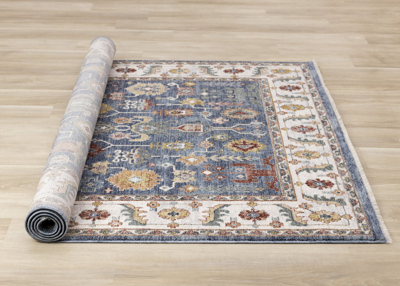 Tapis Olivia bleu a inspire tribal avec bordure, 7'10\" x 10'2\"