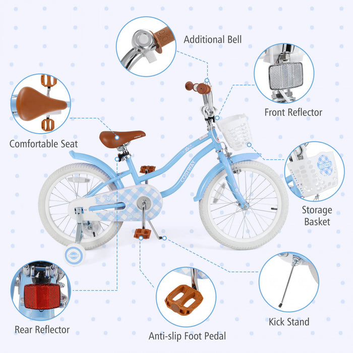 Costway 18\" Enfants Velo Tout-petit Velo Avec Roue D'entrainement Pour 4-8 Ans Bleu
