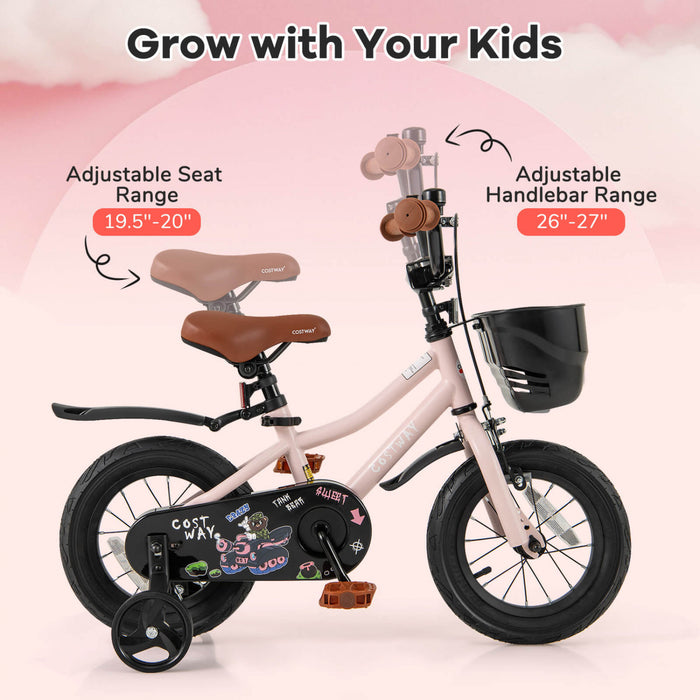 Costway 12\" Velo Pour Enfants Avec Roues D'entrainement Guidon Reglable Et Frein A Main De Siege Rose