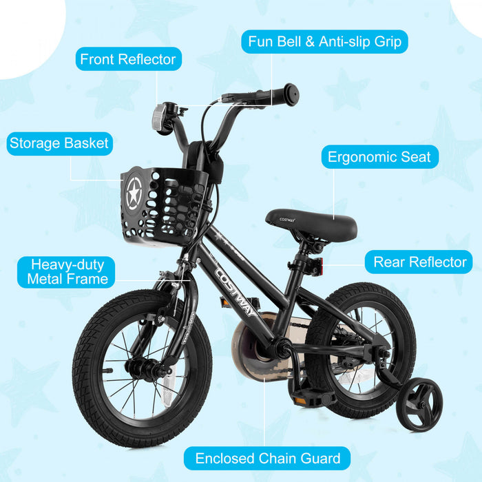 Costway 14\" Velo Pour Enfants Avec Roues D'entrainement Guidon Et Frein A Main Reglable Noir