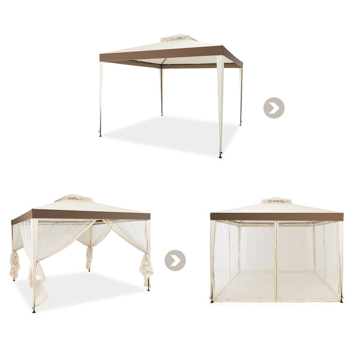 Tonnelle Pavillon De Jardin En Fer Et Polyester, Tente De Reception Avec Moustiquaire Et Toiles Laterales Amovibles Et Impermeables, Tente De Jardin A 4 Cotes 300 X 300 X 200/265 Cm, Beige&brun