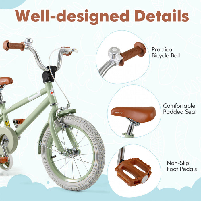 Costway 14\" Velo Pour Enfants Avec Guidon Reglable De Selle Roues D'entrainement Amovibles Frein A Main Vert