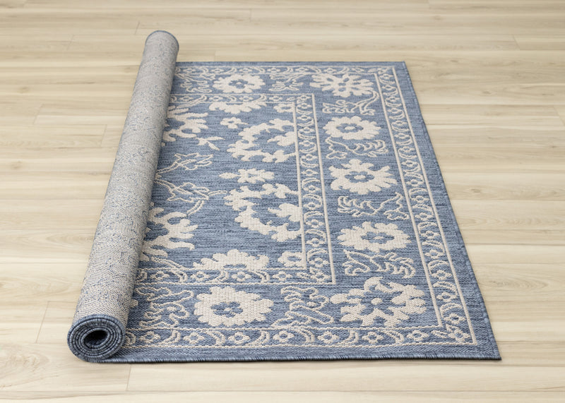 Tapis d'exterieur Cabana bleu et blanc a bordure elegante, 6'7\" x 9'6\"