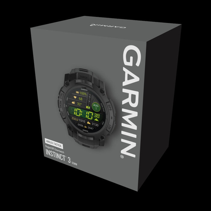 Garmin Instinct 3 AMOLED Edition Tactique – Montre GPS 50 mm Robuste, Multi-bande GNSS, Lampe Integree, Autonomie 24 Jours