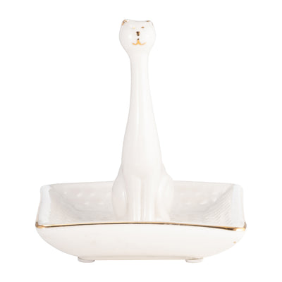Porcelain Square Cat Ring Holder - White and Gold|Porte-bagues chat carré en porcelaine - blanc et doré