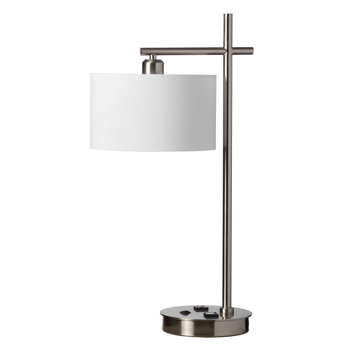 Lampe de table de Dainolite avec abat-jour blanc, fini chromé satiné et 1 ampoule avec port USB 