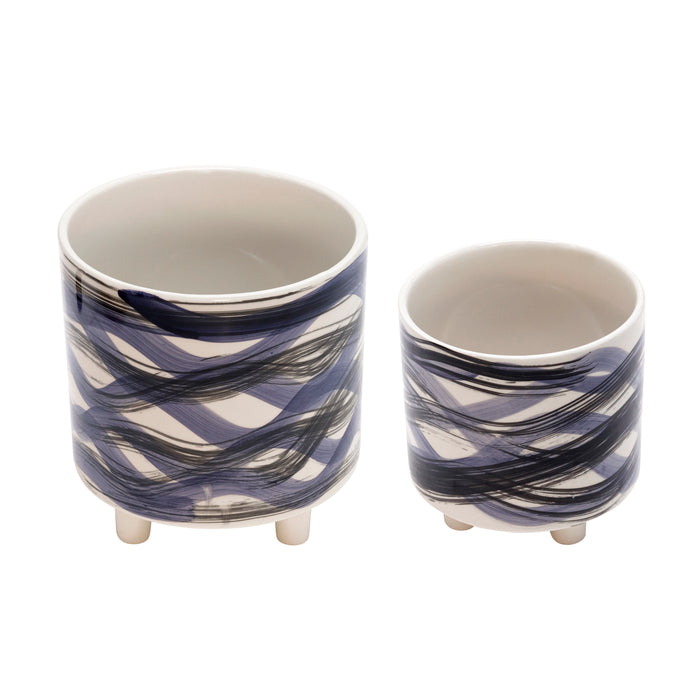 Cache-pot sur pied de 6 po/9 po en céramique avec spirales bleues - ensemble de 2