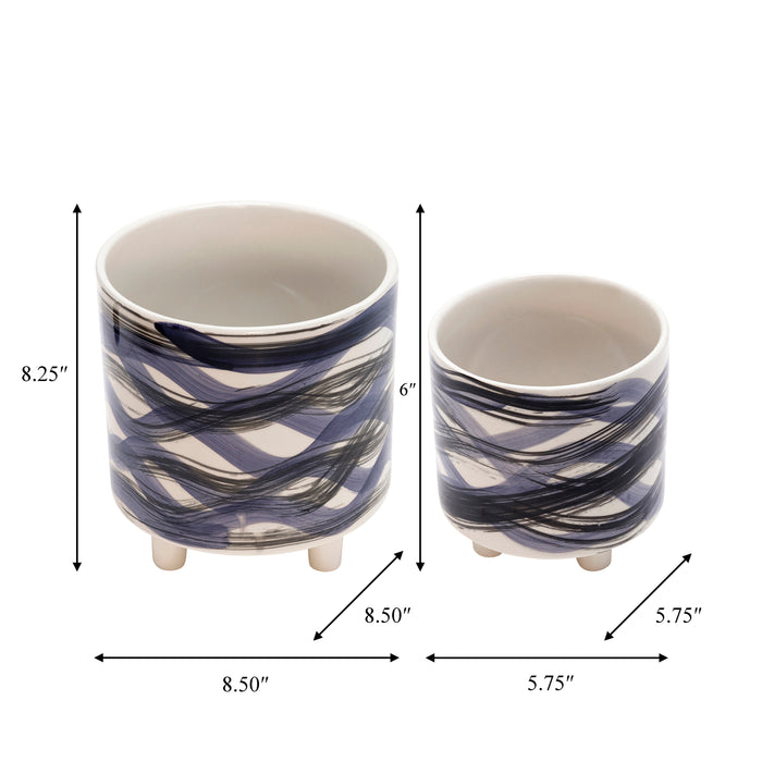 Cache-pot sur pied de 6 po/9 po en céramique avec spirales bleues - ensemble de 2