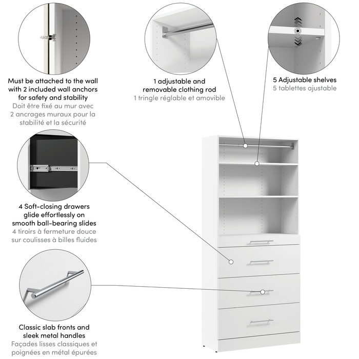 Système de tour garde-robe et pièce-penderie modulaire Florence de Bestar de 36 po avec tablettes et 4 tiroirs de style lisse - blanche