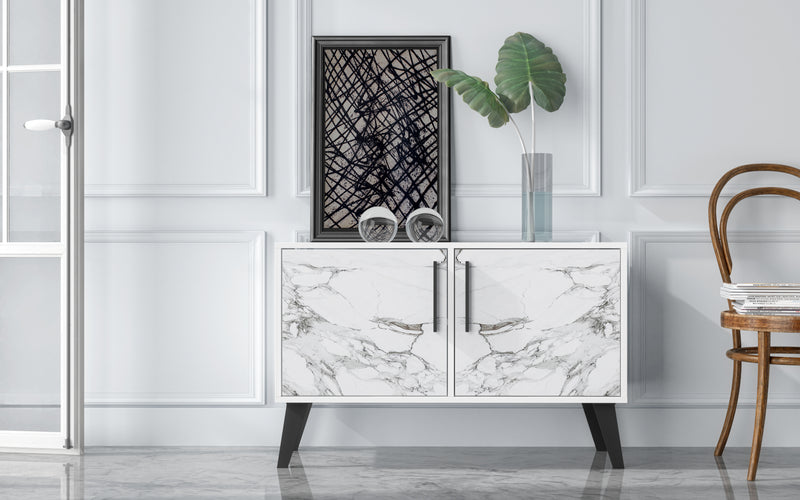 Armoire décorative Amsterdam de Manhattan Comfort de style moderne du milieu du 20e siècle avec 3 tablettes - marbre blanc